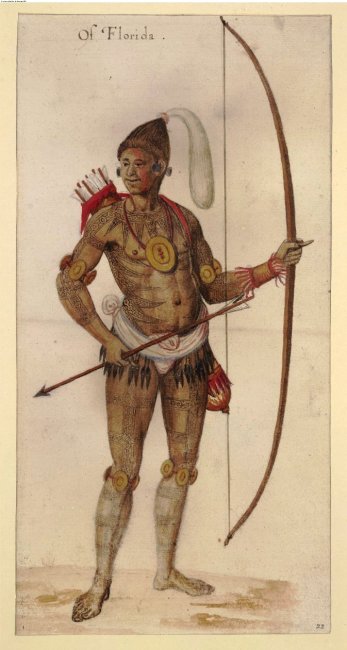 John White, painting of a Timucua Indian man. Watercolour, ca. 1585-1593. © Trustees of the British Museum.