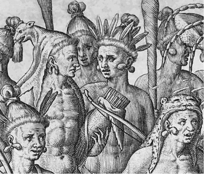 Close-up of de Bry’s 1591 engraving of Florida Timucua Indians based on Thevet.