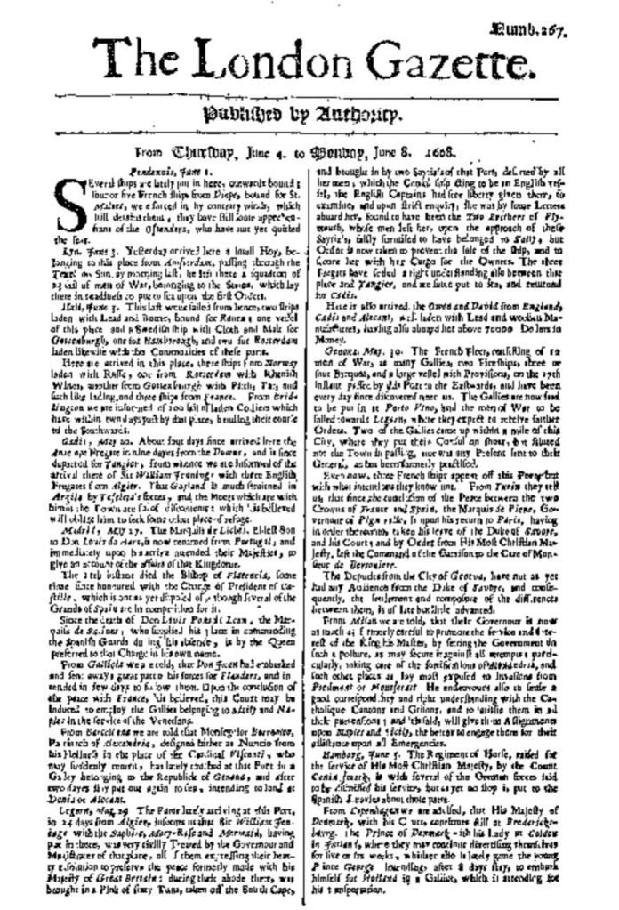 Black and white image of the London Gazette, dated 4-8 June 1668, containing several stories relating to the Maghreb.